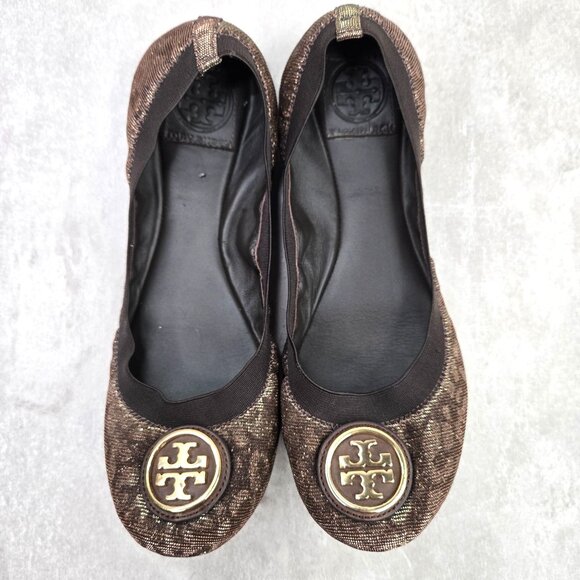 Tory Burch Brown Flats with Gold Logo - Picture 1 of 11